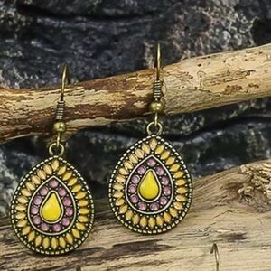 Bohemian Vintage Style Yellow and Pink Rhinestone Teardrop Earrings